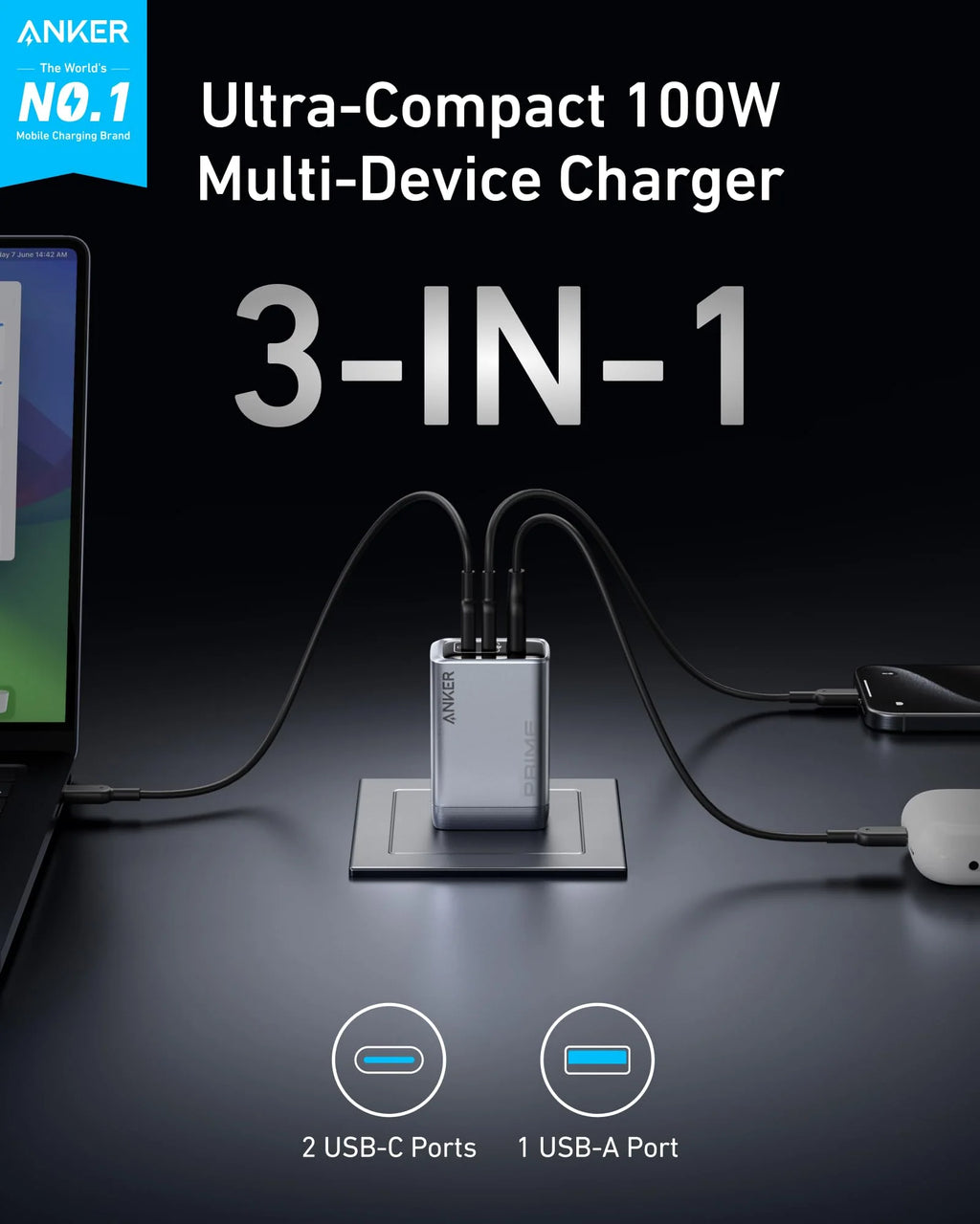 Anker 548 Power Bank (PowerCore Reserve 192Wh) and Anker Prime Charger (100W, 3 Ports, GaN)