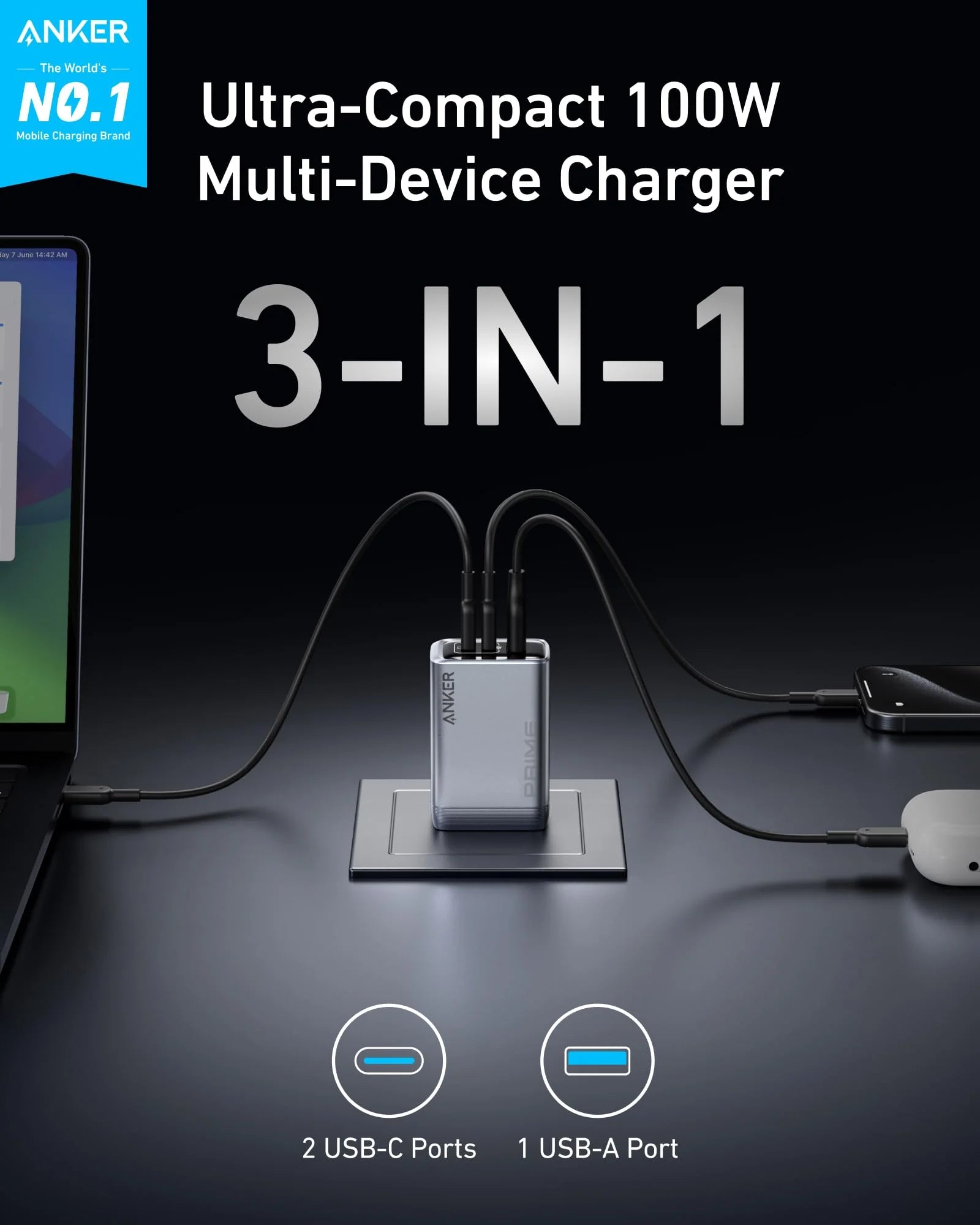 Anker 548 Power Bank (PowerCore Reserve 192Wh) and Anker Prime Charger (100W, 3 Ports, GaN)